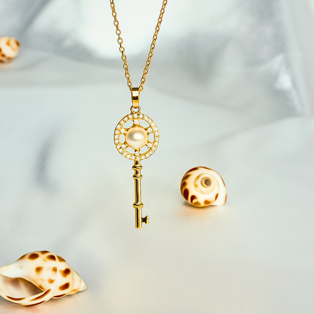 Gold Key Pearl Necklace