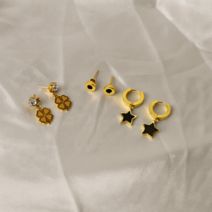 Minimalist Everyday Earrings Combo - Clover,Black Stud & Star Hoops