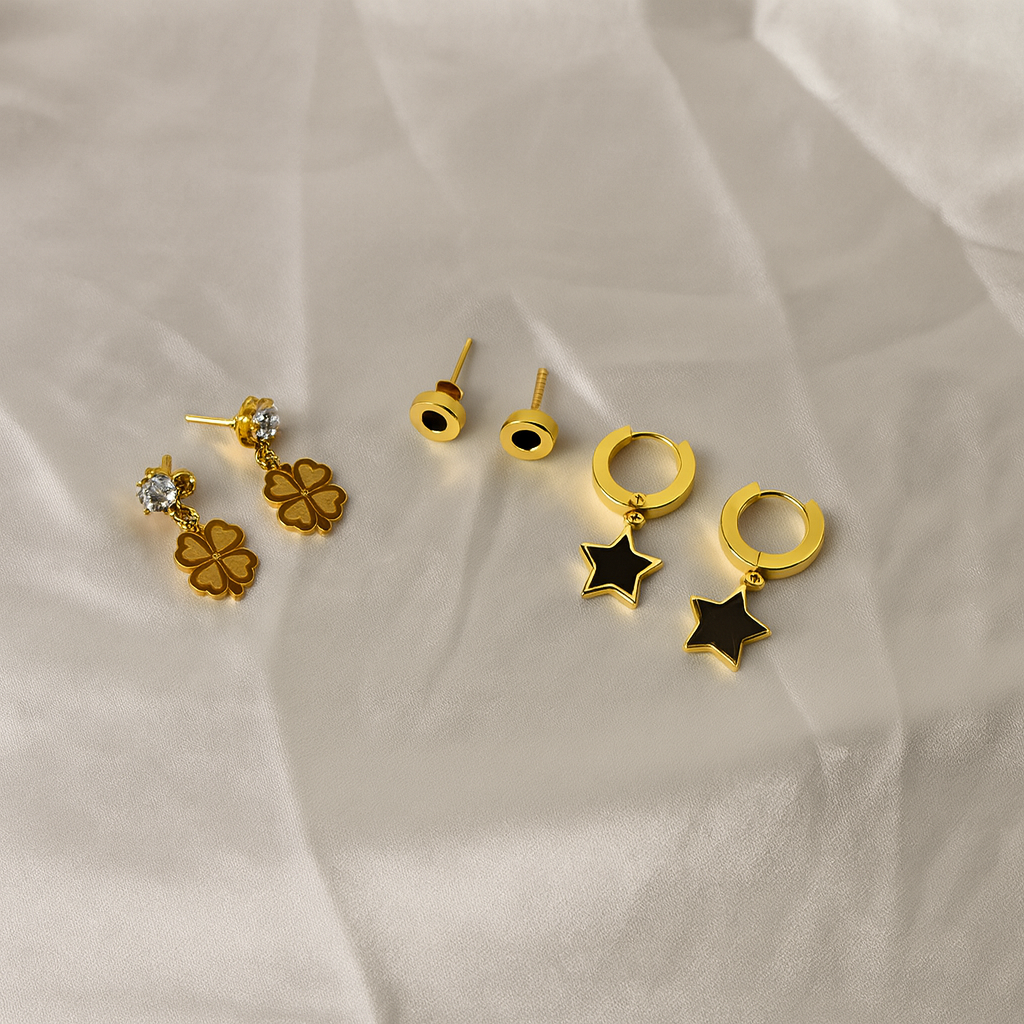 Minimalist Everyday Earrings Combo – Clover,Black Stud & Star Hoops